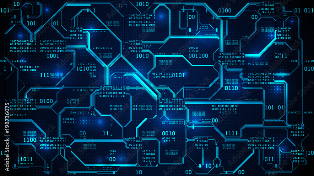 Abstract futuristic electronic circuit board with binary code, neural network and big data - an element of artificial intelligence, matrix background with digits, well organized layers vector de Stock | Adobe Stock