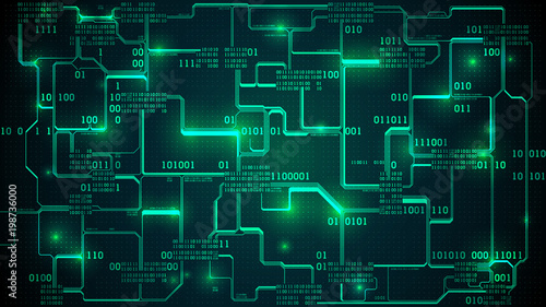 Abstract futuristic electronic circuit board with binary code, neural network and big data - an element of artificial intelligence, matrix background with digits, well organized layers