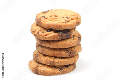 Chocolate chip cookies on white background.