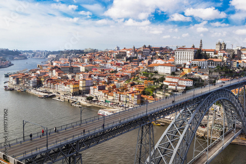 Aerial iew of the historic city of Porto, Dom Luiz bridge. Porto, Portugal