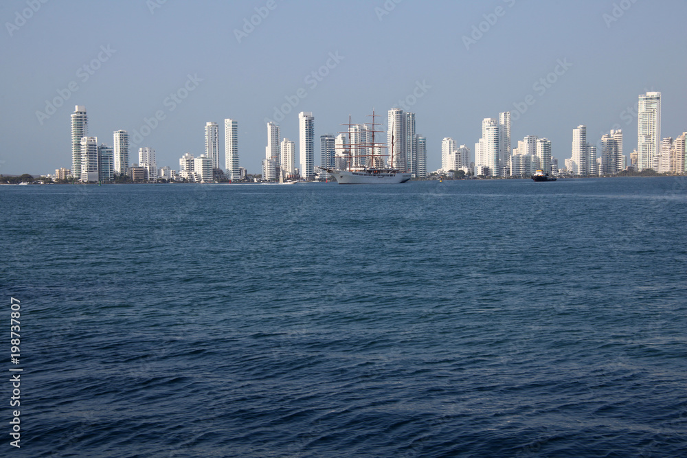 Skyline of the city of Cartagena, Colombia over the Carribean ocean port entrance, South America.