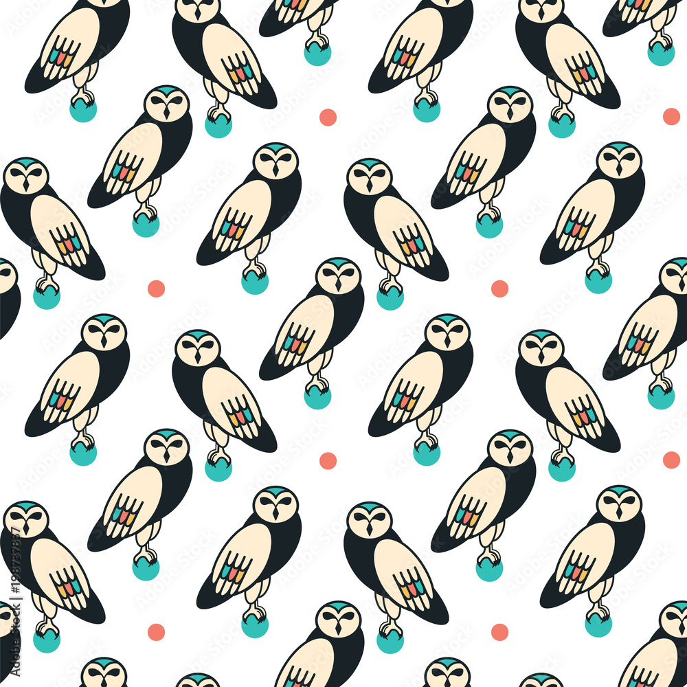 Owls. Seamless pattern on white background. Vector illustration.