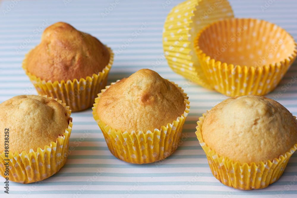 Appetizing muffins in a yellow wrapper on a blue background.