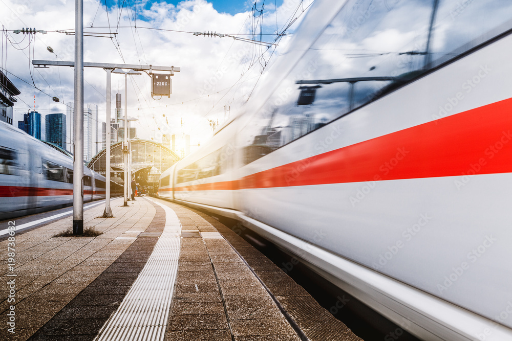 Obraz premium Pociągi w ruchu na dworcu kolejowym we Frankfurcie