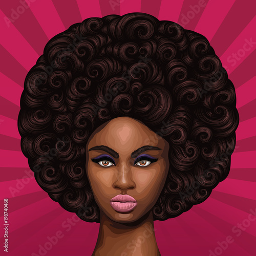 Vector hand drawn colored portrait of a young African girl with magnificent curly afro hairstyle in retro style. Pop Art background with sun's rays