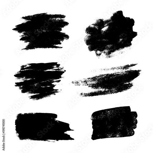Set of black grunge brushes as vector paint strokes for textures overlay. Artistic ink blots isolated on white background