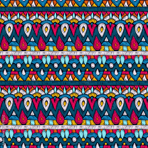 Ethnic pattern. Aztec fabric. Embroidery effect. Tribal ornament. Brazilian or Mexican print. Embroidery effect. Clothes design. Boho fashion. Traditional homespun textile. Vector seamless pattern.