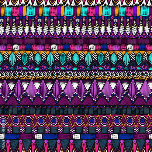 Ethnic pattern. Aztec fabric. Embroidery effect. Tribal ornament. Brazilian or Mexican print. Clothes or interior design. Boho fashion. Traditional homespun textile. Vector seamless pattern.