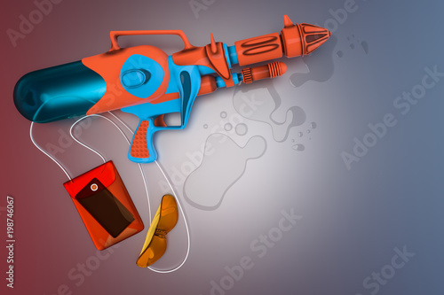 3d rendering top view of a water gun with a yellow glasses and orange waterproof bag with a smartphone.