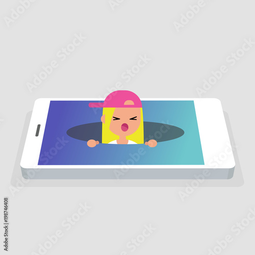New technologies addiction. Young female millennial character calling for help in the pit / editable flat vector illustration, clip art