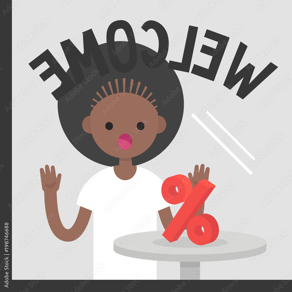 Young female african american character staring at the percent symbol at the glass case. Sale. Shopping. Lifestyle. Flat editable vector illustration, clip art Young female african american character staring at the percent symbol at the glass case. Sale. Shopping. Lifestyle. Flat editable vector illustration, clip art