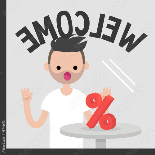 Young character staring at the percent symbol at the glass case. Sale. Shopping. Lifestyle. Flat editable vector illustration, clip art
