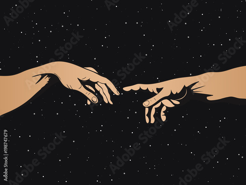 Adam and God hands on space background. Vector illustration
