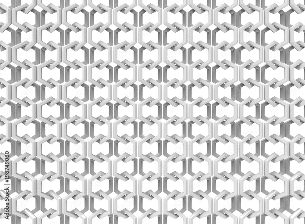 3d rendering. vertical White hexagonal chains wall background. 3d rendering. vertical White hexagonal chains wall background.