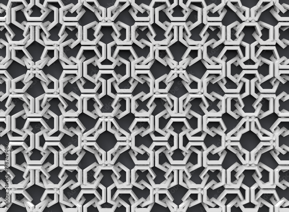 3d rendering. Abstract irregular White geometric objects pattern on black bakcground.