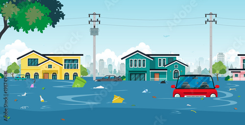 Canvas Print City floods and cars with garbage floating in the water.