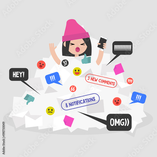 Notifications flow. Female millennial character calling for help in a pile of notifications. Flat editable vector illustration, clip art