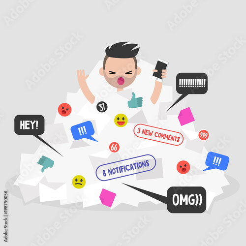 Notifications flow. Millennial character calling for help in a pile of notifications. Flat editable vector illustration, clip art