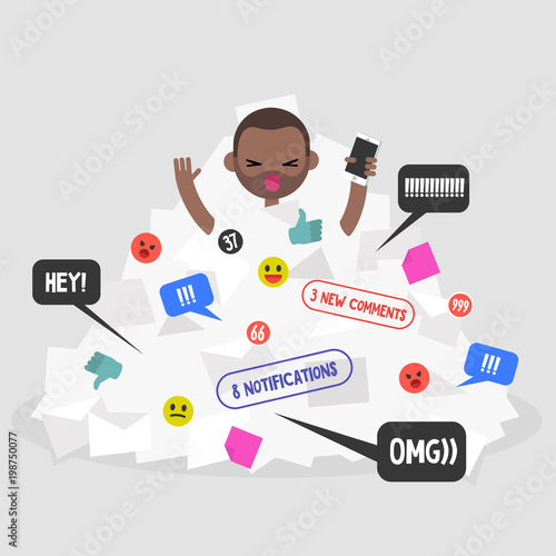 Notifications flow. Black millennial character calling for help in a pile of notifications. Flat editable vector illustration, clip art