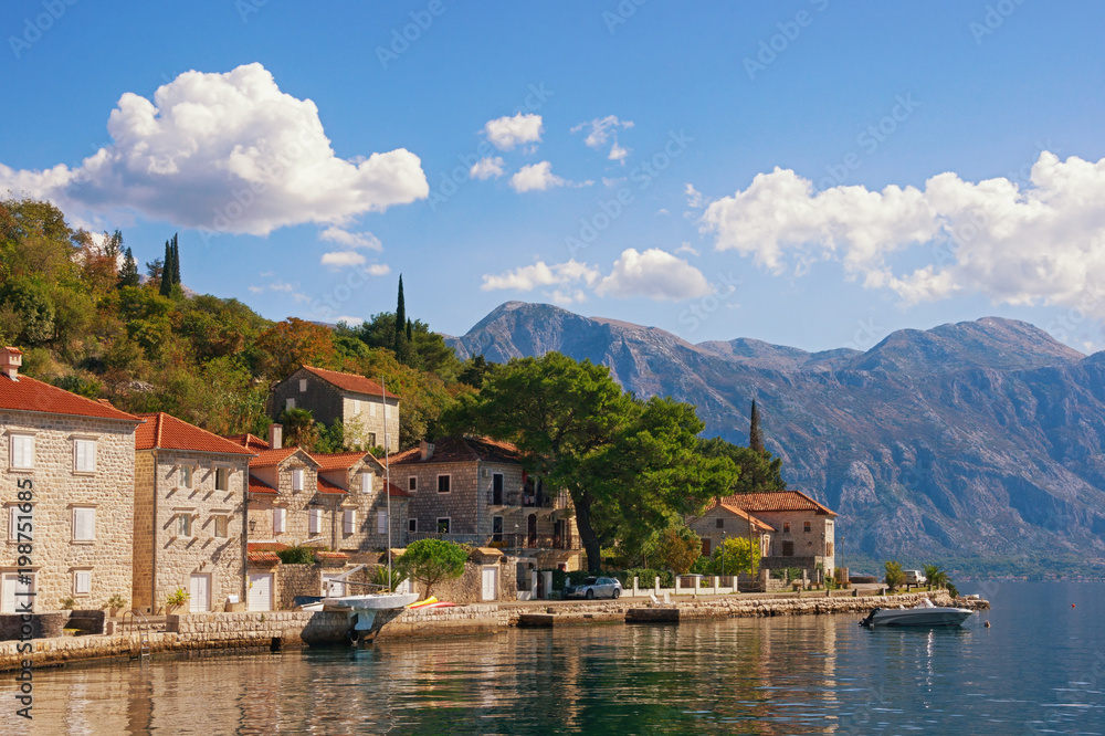 Autumn Mediterranean landscape. Montenegro, view of Bay of Kotor and Perast town