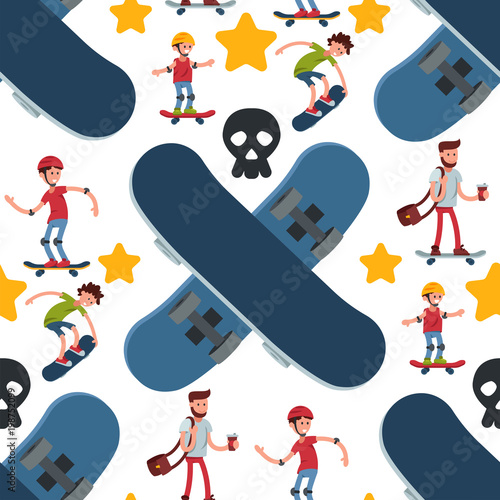 Skateboarders people tricks silhouettes sport seamless pattern background extreme action active skateboarding urban young jump person vector illustration.