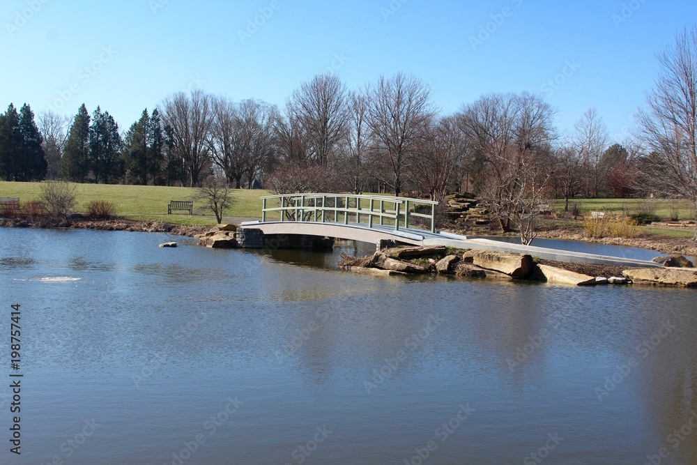 The walkway bridge across the pond in the park.