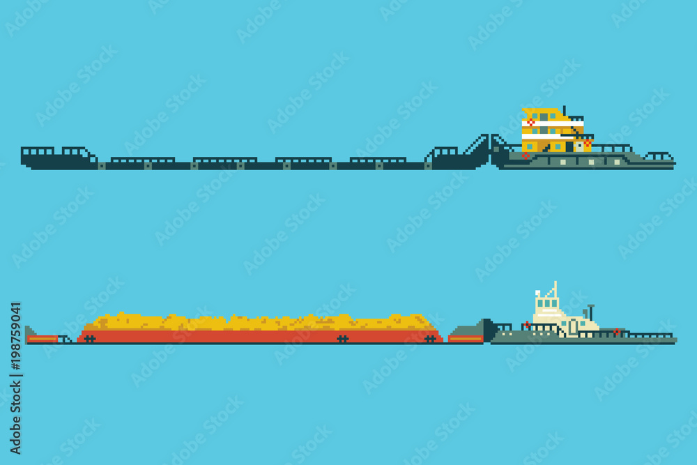 Set of tug with bulk cargo in 8 bit art style. Colored pixel vector ...