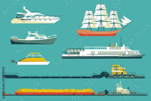 Set of isolated industrial tugs and passenger boats and yachts icons. Flat colored vector illustration