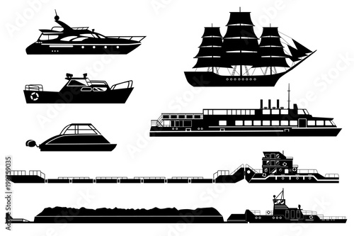 Set of isolated industrial tugs and passenger boats and yachts. Black and white vector illustration. Water and river transport silhouettes