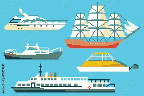 Set of passenger boats and ships in 8 bit art style. Colored pixel vector illustration