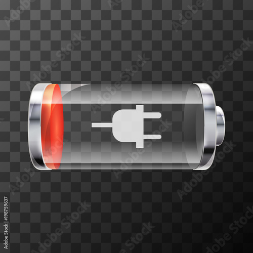 Low level bright glossy battery icon with charging symbol