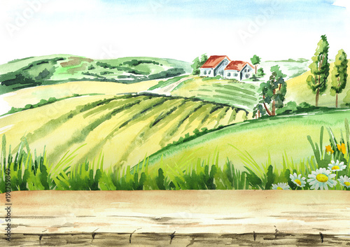 Old farm and fields in countryside with empty table as background. Watercolor hand drawn illustration