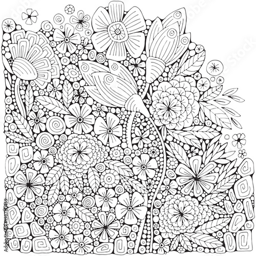 Fototapeta Naklejka Na Ścianę i Meble -  Coloring book page with different little flowers and leaf in zentangle style. Black and white vector illustration. Doodle, hand drawn, zen art, anti stress.