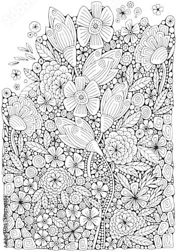 Fototapeta Naklejka Na Ścianę i Meble -  Coloring book page with different little flowers and leaf in zentangle style. Black and white vector illustration. A4 size. Doodle, hand drawn, zen art, anti stress.
