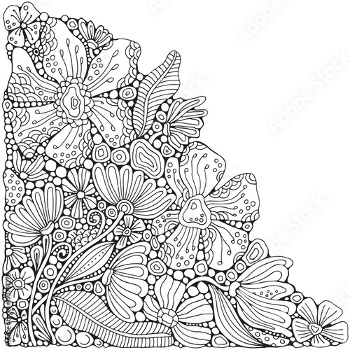 Fototapeta Naklejka Na Ścianę i Meble -  Coloring book page with different little flowers and leaf in zentangle style. Black and white vector illustration. Doodle, hand drawn, zen art, anti stress.