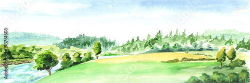 Rural landscape with river. Watercolor hand drawn horizontal illustration