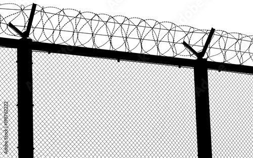 Silhouette of barbed wire fence at the border. Isolated on white.