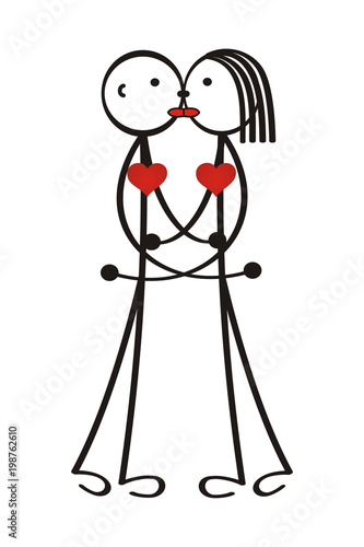Kissing couple. Man and woman, boy and girl. With red hearts. The metaphorical cartoon figure. Yin Yang. Vector graphics.