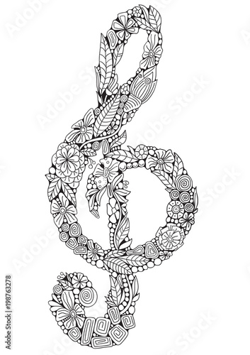 Treble clef pattern for adult coloring book. Floral, retro, doodle, vector, design element. Black and white background. Zentangle style.