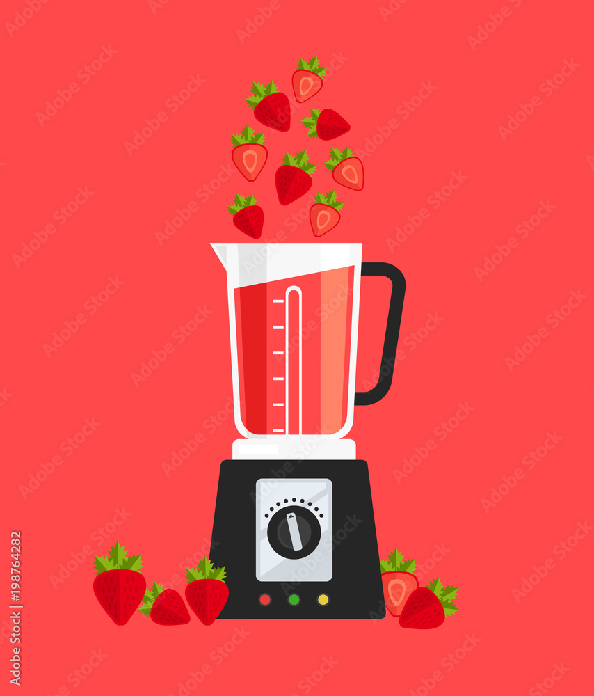 Electric blender mixer machine tool making detox diet juice with fruit  strawberry berry. Healthy lifestyle morning energy breakfast nutrition  concept. Vector flat cartoon isolated banner Stock Vector | Adobe Stock