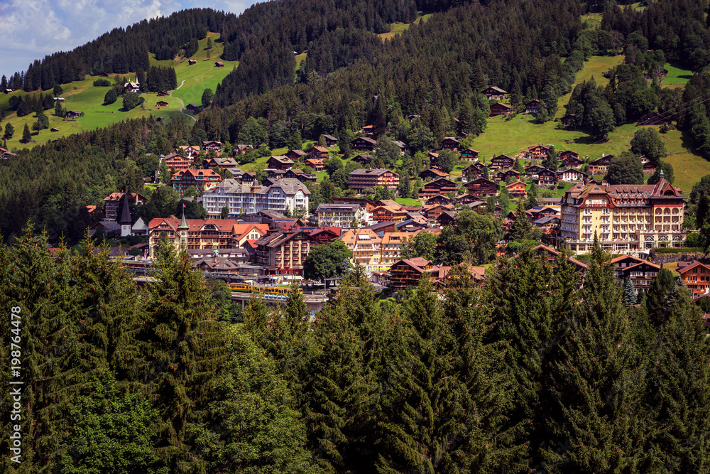 View on mountain village Wengen in summer. Switzerland