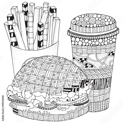 Fast food. Burger, french fries, drink. Black and white vector doodle fast food pattern.