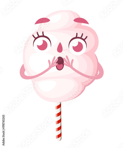 Sweet pink cotton candy. Cartoon style character design. Mascot with surprised face. Vector illustration isolated on white background. Website page and mobile app design