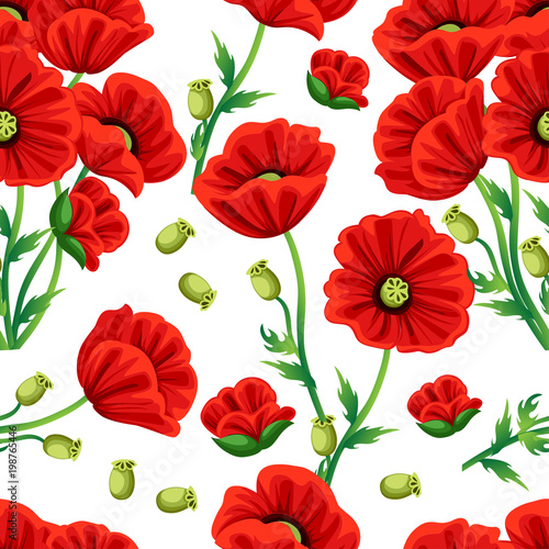 Seamless pattern. Red Poppy flower with green leaves. Vector illustration on white background. Web site page and mobile app design