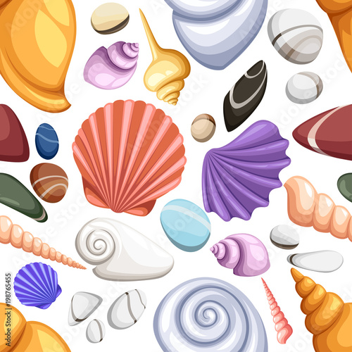 Colorful tropical shells underwater icon set frame of sea shells. Summer concept with shells and sea stars. Round composition, starfish, nature aquatic. Seamless vector illustration