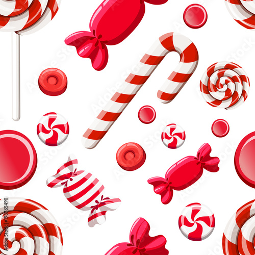 Seamless pattern of red sweetmeats. Hard candy, candy cane, lollipop. Candys in wrapper. Vector illustration on white background. Web site page and mobile app design