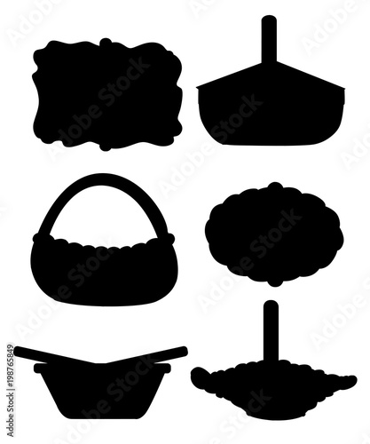 black silhouette. Set of wicker baskets. View from different angles. Vector illustration isolated on white background. Website page and mobile app design