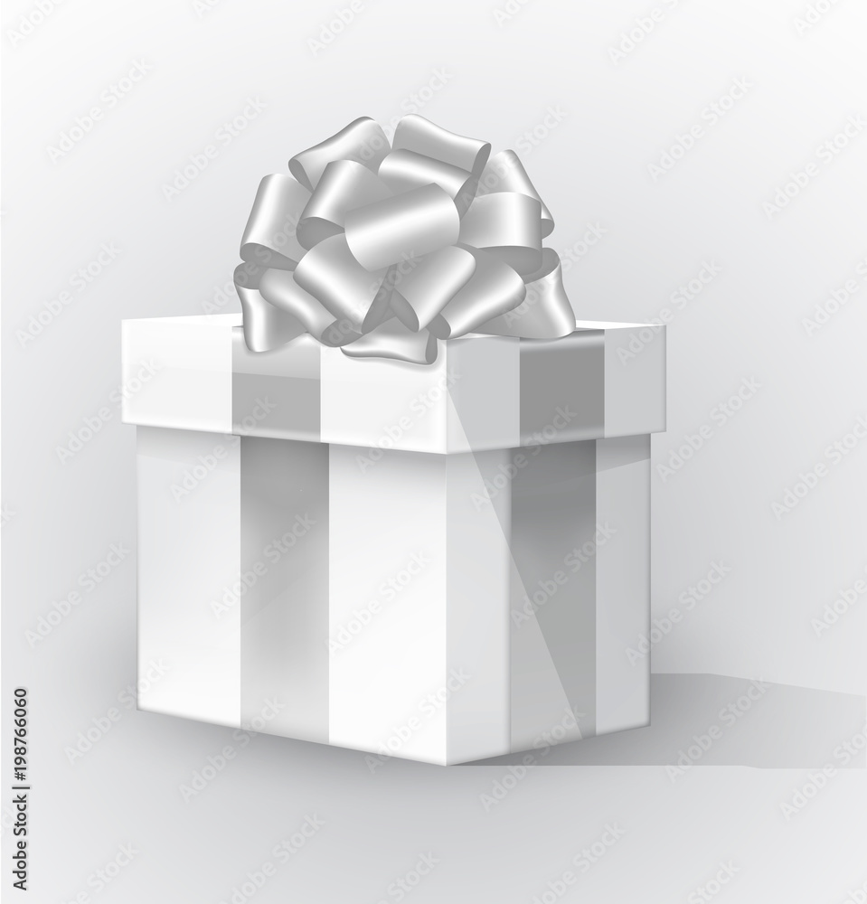 Gift box in perspective with silver ribbon isolated on white background. Element festive design. Silver ribbon tied bow. Vector 3d object. Gift box in perspective with silver ribbon isolated on white background. Element festive design. Silver ribbon tied bow. Vector 3d object.