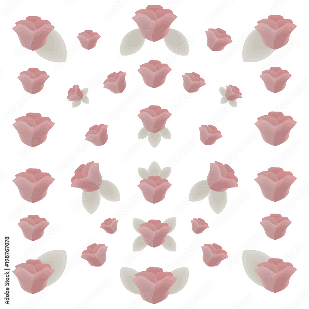 pastel pink rose flowers with light gray leaves background pattern on white background