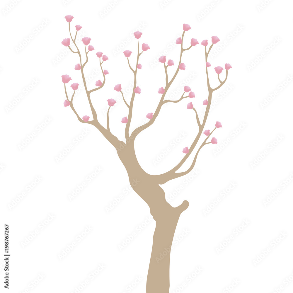 Naklejka premium light brown crooked curved tree with branches with small pink flowers isolated on white background